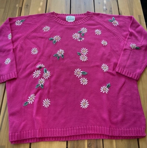 Quacker Factory Vintage Womens Hot Pink Crew Neck Embroidered Floral‎ Sweater 1X - Picture 1 of 4